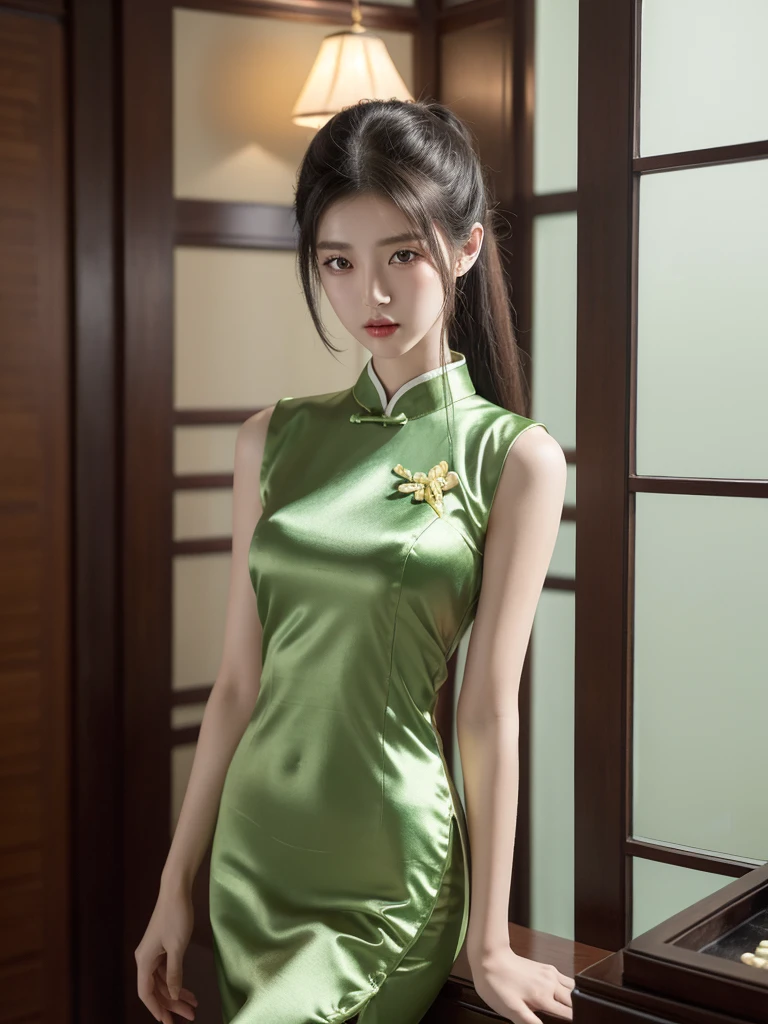 korean model , slim body , medium breasts, 167cm ,Movie Angle,long black ponytails hairstyle, (Cute girl,anatomy correct,masterpiece light green silk chinese qipao,( art,geomerty),(plethora of colorest quality,high detail,tmasterpiece,Cinematic lighting effects,4K,Chiaroscuro , Chinese Mansion)