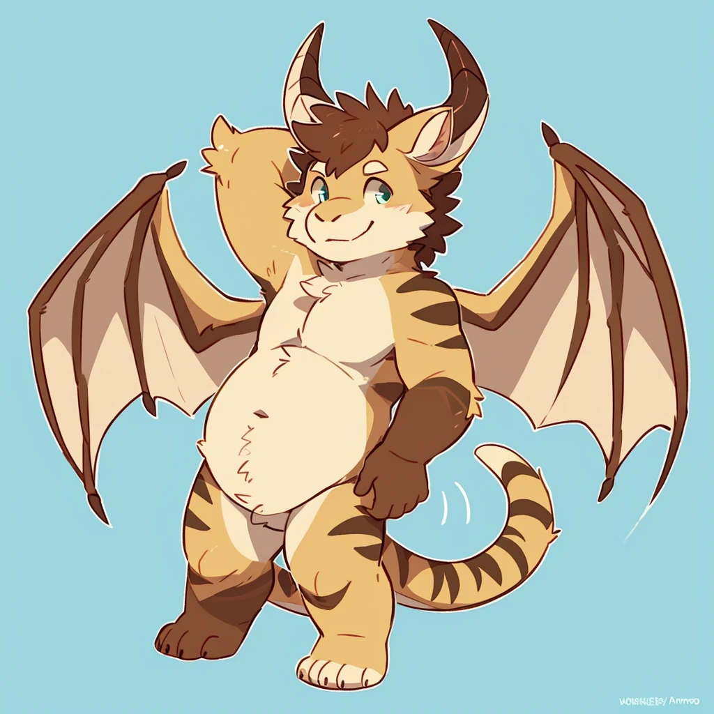 by fumiko by donkeyramen by wfa brown-furred dragon furry boy, toddler. his underbelly is a brown color as well as sharp stripes on his arms and legs and the two large ram horns on his head. he also has two large wings on it's back that resemble dragon/bat wings, that of which matches the main body color. he has a large pair of ears and large, ram-like pale brown horns pointing back on its head. his eyes are a light shade of green with a brown outline, with small tan triangle markings below him.