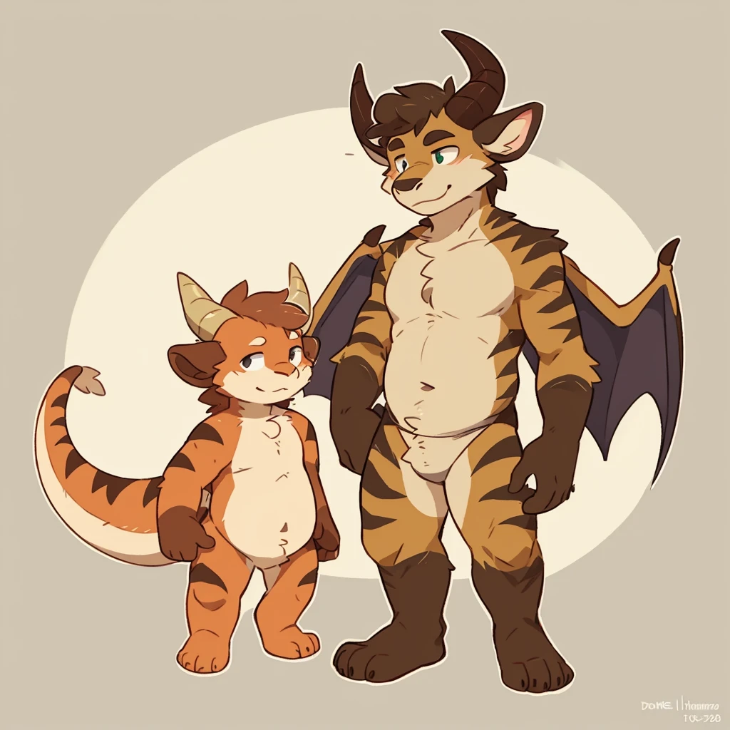 by fumiko by donkeyramen by wfa brown-furred dragon furry boy, toddler. his underbelly is a brown color as well as sharp stripes on his arms and legs and the two large ram horns on his head. he also has two large wings on it's back that resemble dragon/bat wings, that of which matches the main body color. he has a large pair of ears and large, ram-like pale brown horns pointing back on its head. his eyes are a light shade of green with a brown outline, with small tan triangle markings below him.