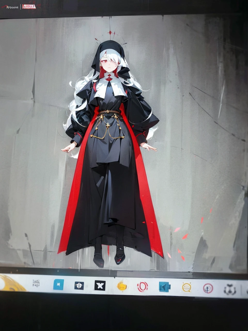 Make an anime poster, has 4 women in it, on the left side a classy dressed beauty with only the colors red and white, has an angelic presence but a demonic personality, she wears a hat on her head and a long mature gown. On the middle, a millitary general with black and white hair, and a blindfold covering her eyes. Behind her in the back, a woman faded in the background, only her eyes red Phoenix can be seen. Finally at the very right side a nun with a blindfold and a church nun fantasy black dress, holding her hands together symbolizing a prayer gesture.