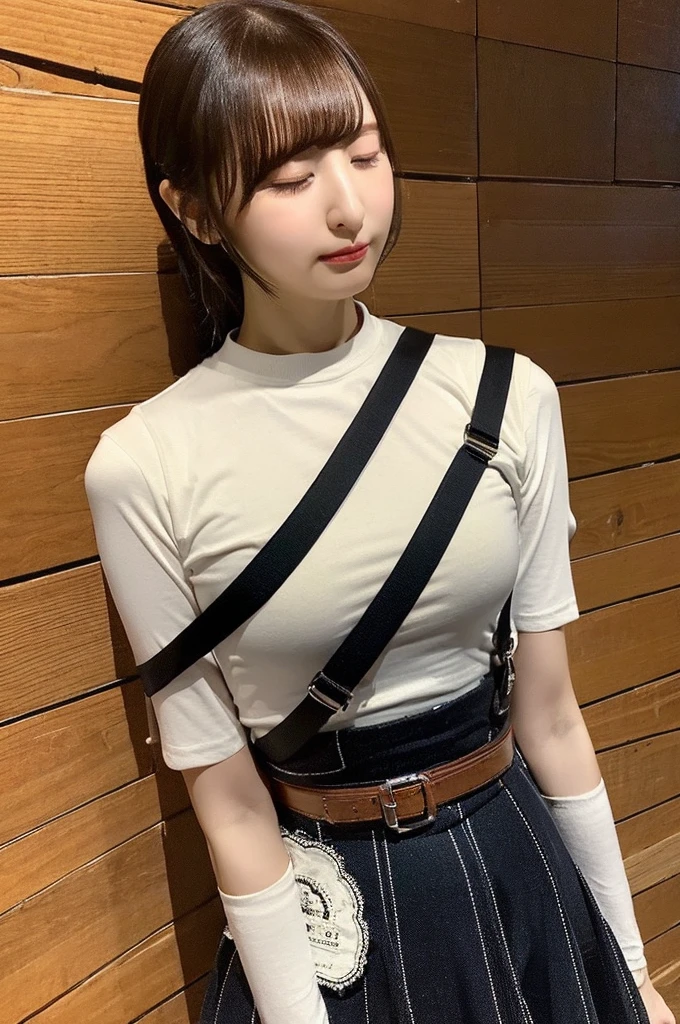 masterpiece、Flat Color、Depth of written boundary、Lens Flare 1 Girl、、Brown Hair、Staring at the audience belt Black suspenders bulging big breasts Armpit sweat sweating 両手のside wall: Black trousers, sight Small face bangs over eyes side mini skirt garter