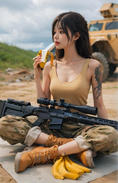 （Modify hair only、Face）Reddish brown hair，Long curly hair，High Ponytail，Red headdress，Red Eyess，Red Eyes，Red pupil，Exquisite eyes，Bright Eyes，Automatic Rifle