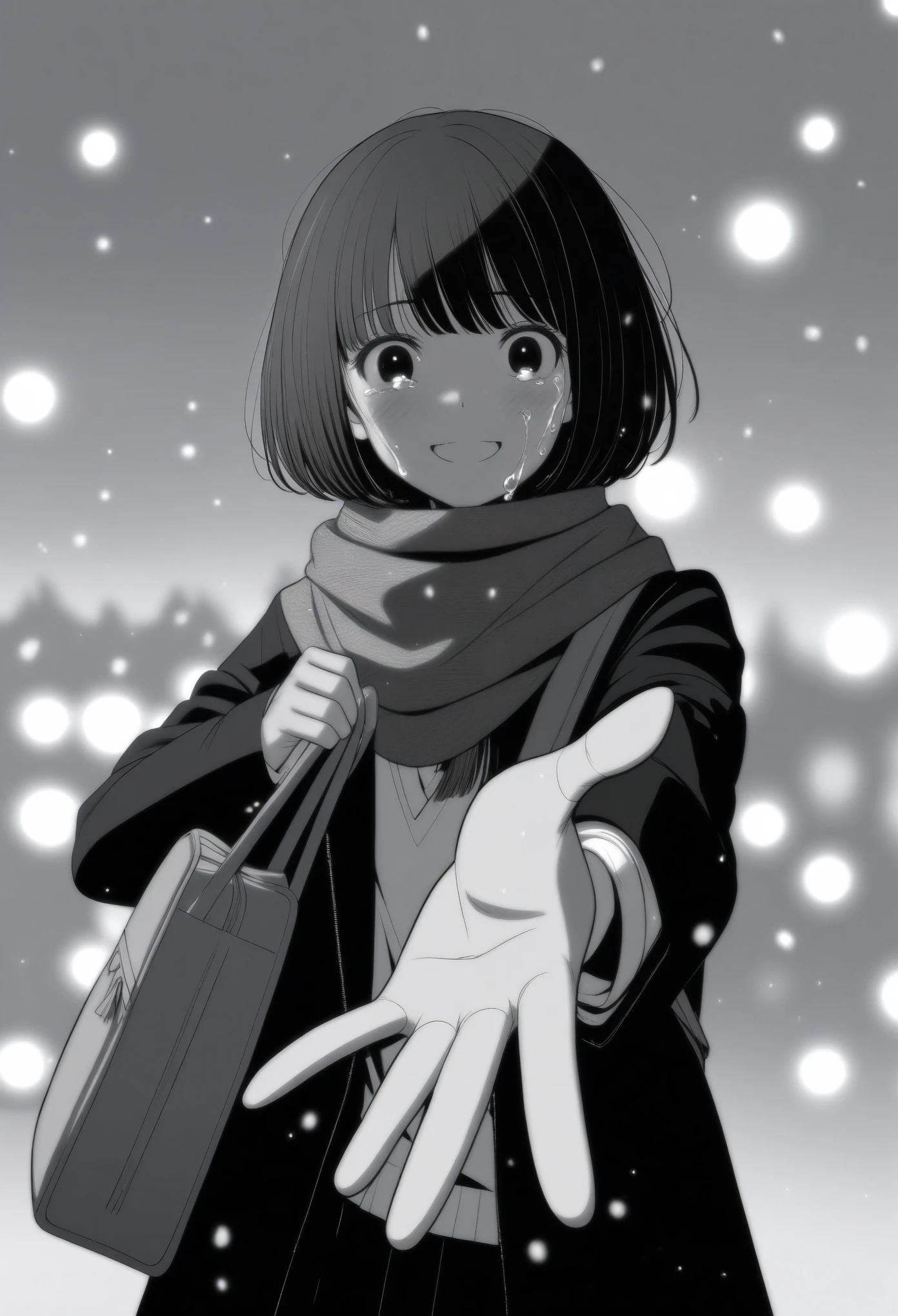 masterpiece, best quality, 1girl, mamerakkkkko, grayscale, manga style, japanese, chi no wadachi, black eyes, street, iced, black hair, schoolbag, smile, lineart, black coat, black scarf, black pleated skirt, leggins, centered, 18 years old, tall, fair skinned, bokeh background, crying, tears, tears streaming, bob cut, light particles, centered, snowing, (((reaching out left hand to viewer, perfect hand, detailed hand:1.1))
