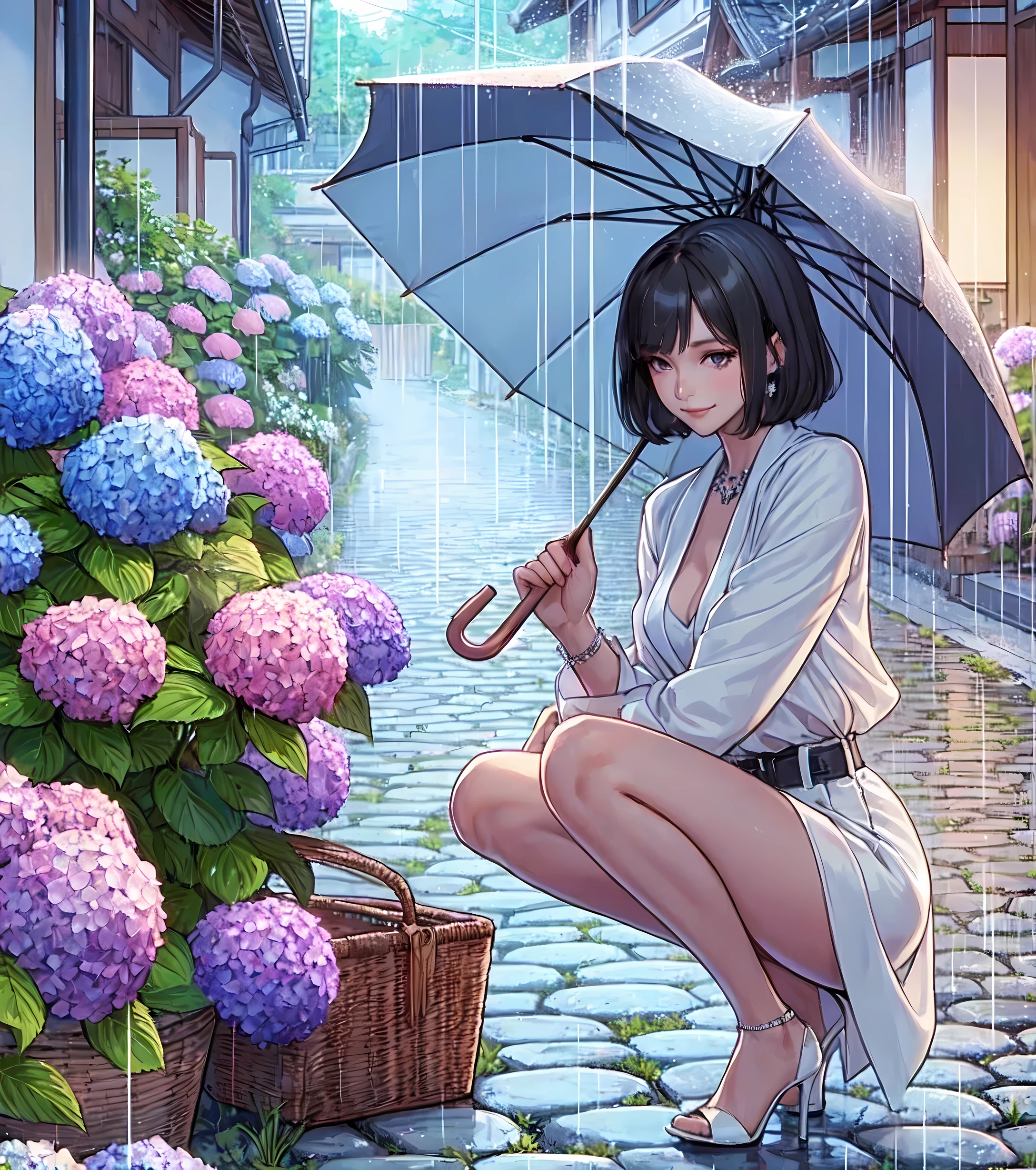 1lady solo, from side, squatting, stylish outfit (calm attire), (mature female:0.8), /(black hair/) bangs, kind smile, (masterpiece best quality:1.2) delicate illustration ultra-detailed, medium breasts BREAK (holding umbrella) BREAK (quiet residential area) outdoors, street, (rainy:1.1), ((hydrangea) blooming along roadside), cobblestone, detailed background