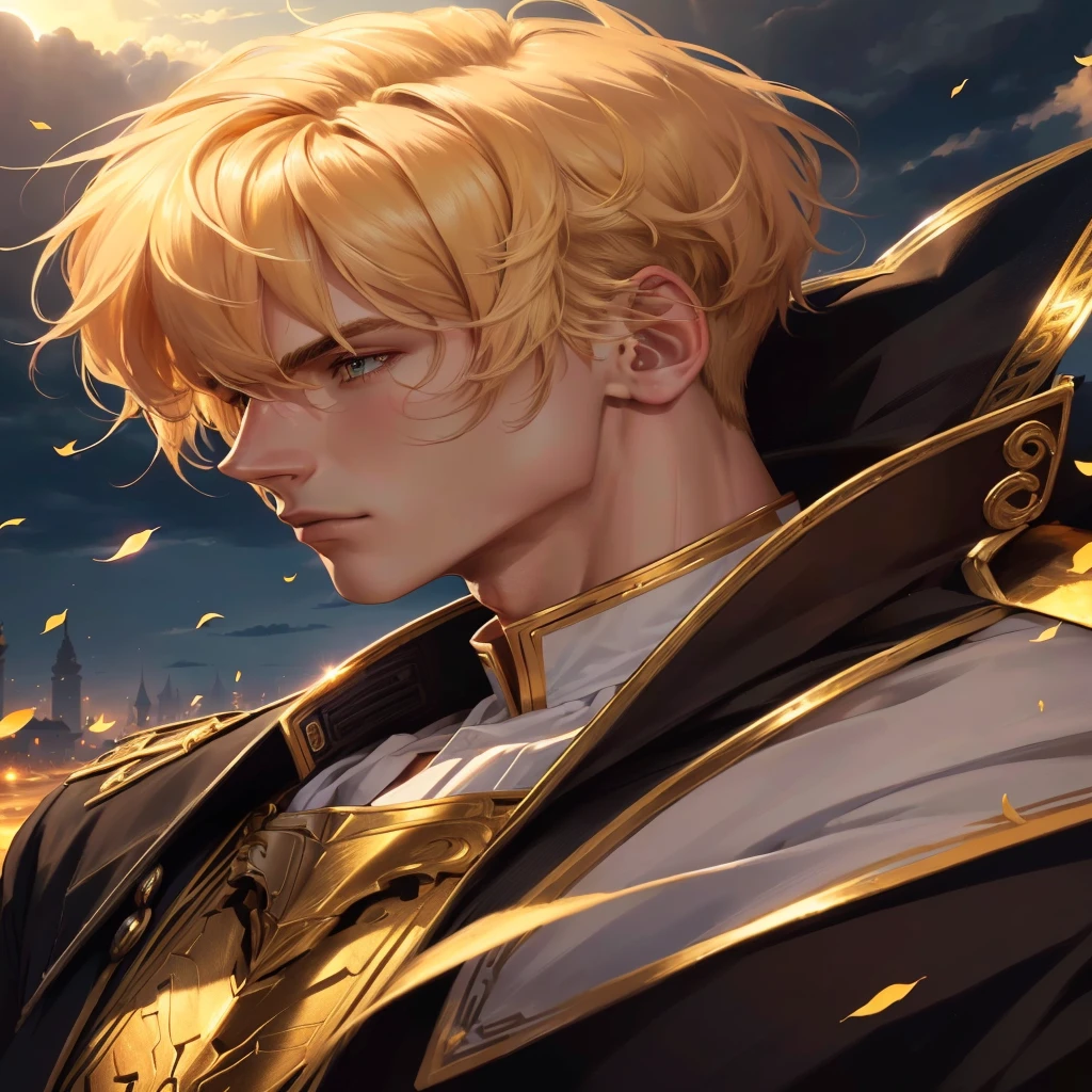 absurdres, highres, ultra detailed), 1 male, adult, handsome, tall muscular guy, broad shoulders, finely detailed eyes and detailed face, fantasy, dark theme, cinematic lighting, colorful, portrait, flying petal, Flowery meadow, cloudy sky, building, sun, light, close up,side profile, blonde hair, golden hair, golden flames, white and red uniform, short hair, standing in front of sun