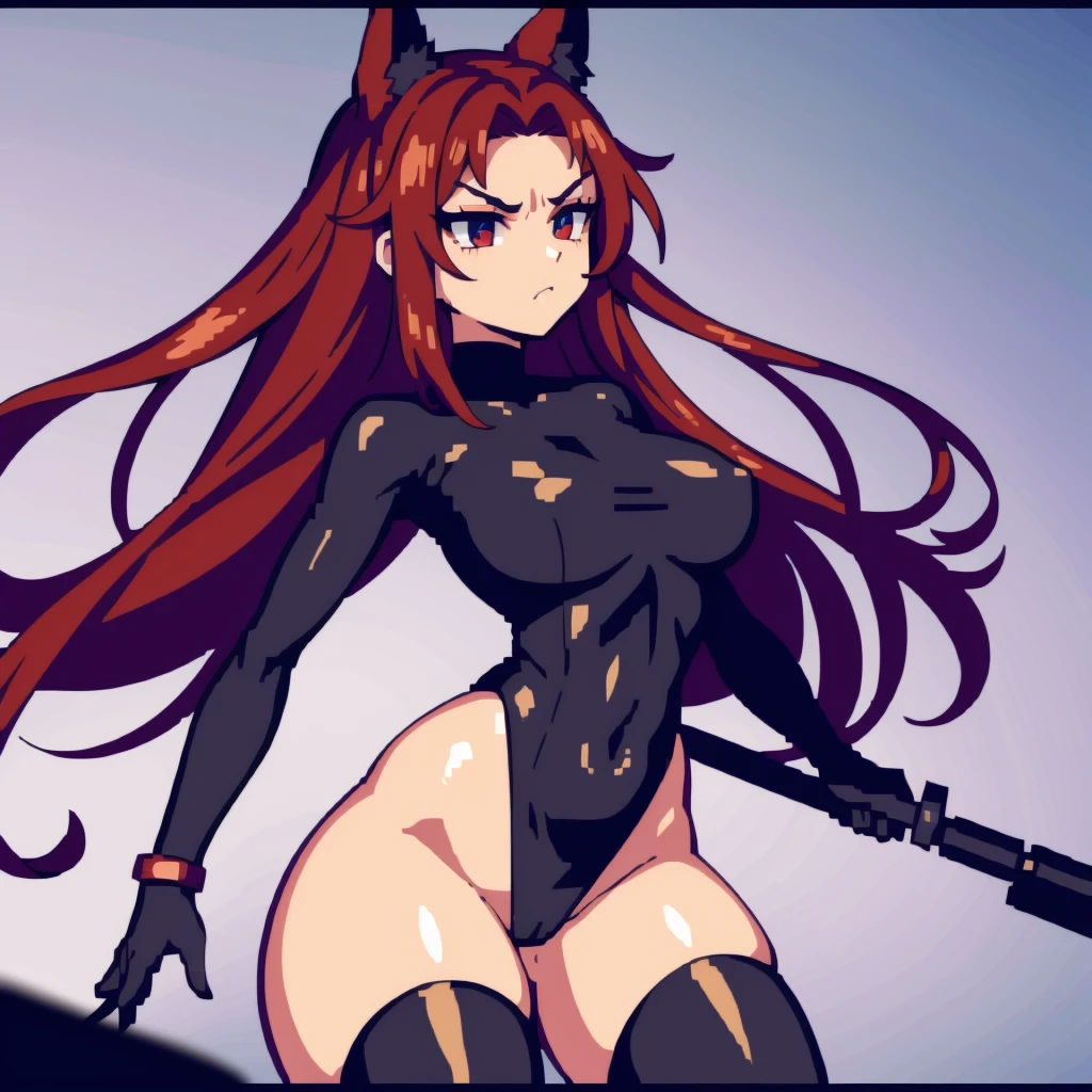 1girl ,20s,angry face,black bodysuit,(red hair),long hair,fox ears,