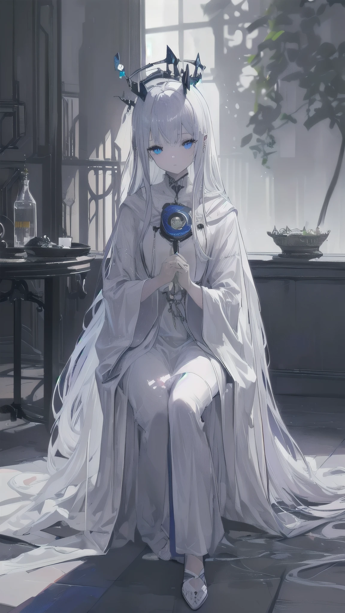 ((((Visionary maestro, Un parfum de mystere, ultra haute résolution, and haute cinétique))mansisen, 1boy, deep in thought, sitting, (don't care, silverinitial_hair:1.0), ((no_headgear:0.9)), long hair with horn sections, pale ivorycomplexion, ((astute:0.8), ((piercing_blue_eyes:1.0)), glowing white pupils, beautiful and detailed face, detailed eyes:0.9, centered, medium shot, quarter turn to the left, not facing viewer, indoor with cobwebscenery, (
emezclar:0.8), lean build, dressed in subtle robes, impressive telescope and paraphernalia in hand, (+ hands_in_lap, - hands_on_table), side view, soft focus and slightly blurry aura, (
dark_knightMedieval environment:0.9), must be around late twenties, (
deeply_contemplative))