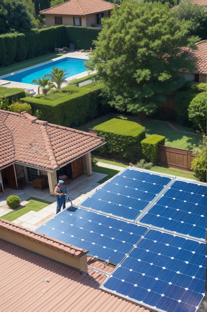 Man cleaning solar panel on top of the house and below the pool man cleaning the pool next to the gardener counting the grass