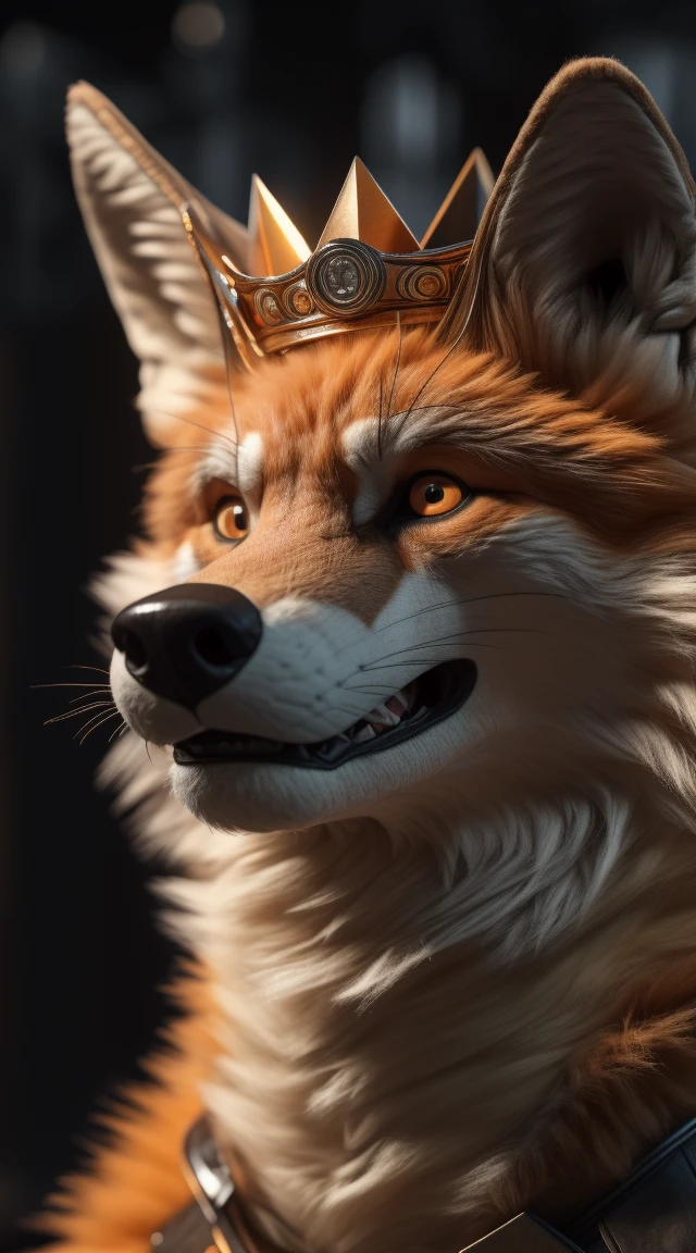 (better quality,16K,32k,highres,master piece:1.2),ultra detali,(realistic,fotorrealistic,photo-realistic:1.37),(an orange and white fox) looking at the viewer serious expression with beautiful face a realistic background bright orange eye A pose of cunning villain with Crown Bright expression of serious brave and confident and cunning