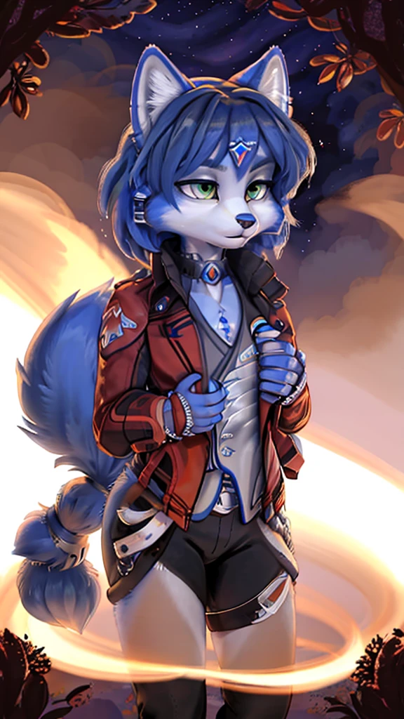 A beautiful and detailed (sweet full body picture) of ((Krystal)), Star Fox Krystal, detallierte augen, green eyes, medium breasts, (((Long blue hair 1.3))),  ((black hair tips)),  anthro, furry, Uploaded E621, detailed fluffy fur, detailed face:1.5, (fluffy), 1 girl, alone, brüste sind verdeckt 
