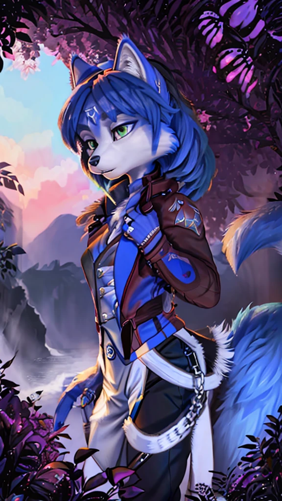 A beautiful and detailed (sweet full body picture) of ((Krystal)), Star Fox Krystal, detallierte augen, green eyes, medium breasts, (((Long blue hair 1.3))), ((black hair tips)), anthro, furry, Uploaded E621, detailed fluffy fur, detailed face:1.5, (fluffy), 1 girl, alone, brüste sind verdeckt