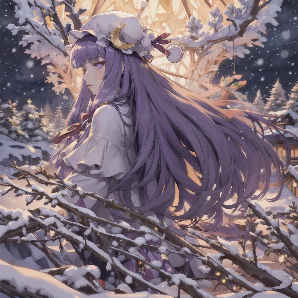 Masterpiece, best quality, height, 
Knowledge about patchouli, 1 girl,purple hair,purple eyes,long hair, Mob hat,Crescent hat ornament, ribbon,set,
Christmas theme, 
Brief history, from the side, Amazing details, extra sharp, norwegian christmas, Unreal Engine 5, Niji travel style