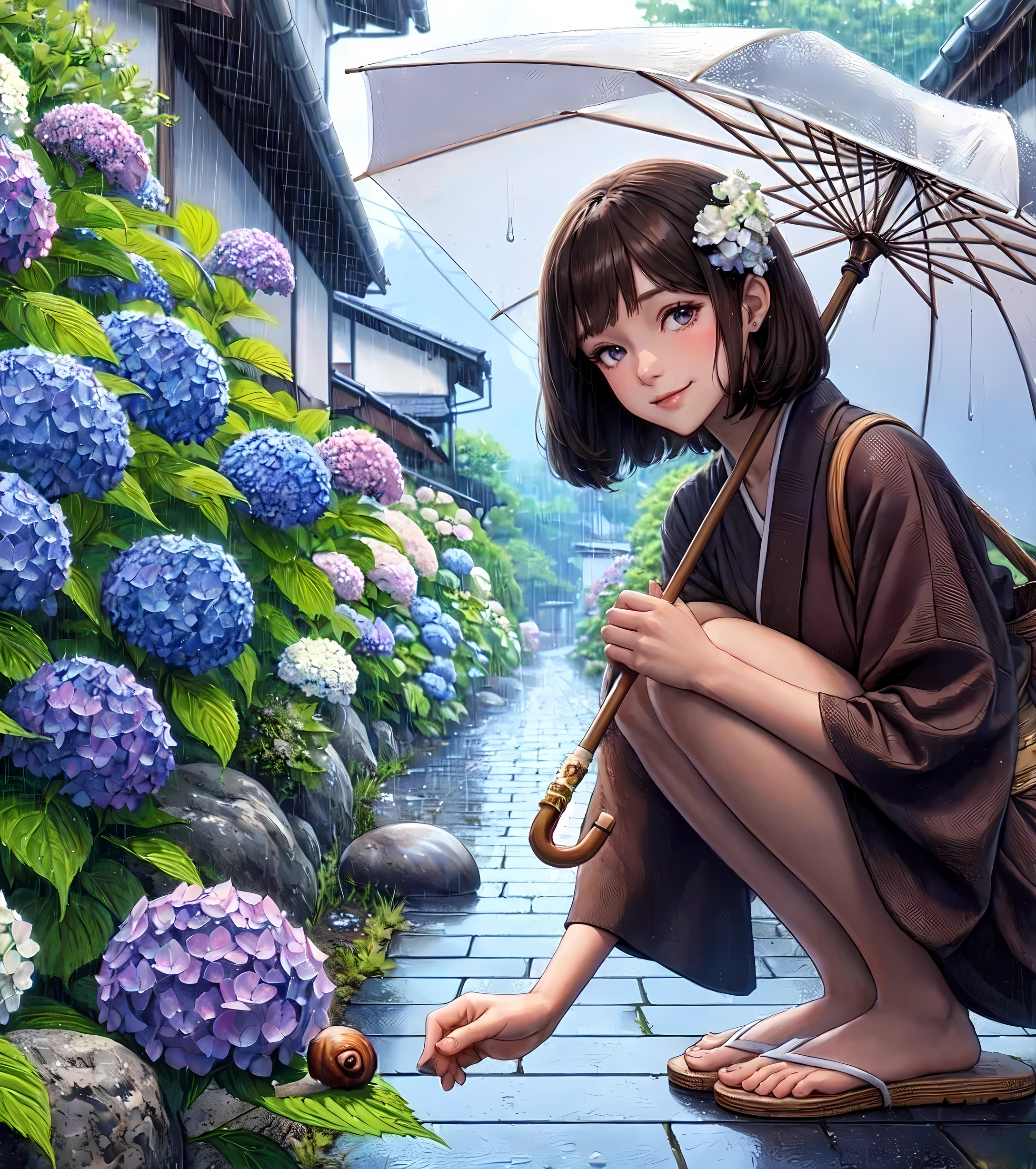 1lady solo, from side, squatting, (gently touching hydrangea), stylish outfit (calm attire), ( female:0.8), /(dark brown hair/) bangs, kind smile, (masterpiece best quality:1.2) delicate illustration ultra-detailed, medium breast (holding umbrella) BREAK (snail on leaf:1.1) BREAK (quiet residential area) outdoors, street, (rainy:1.1), ((hydrangea) blooming along roadside), cobblestone, detailed background