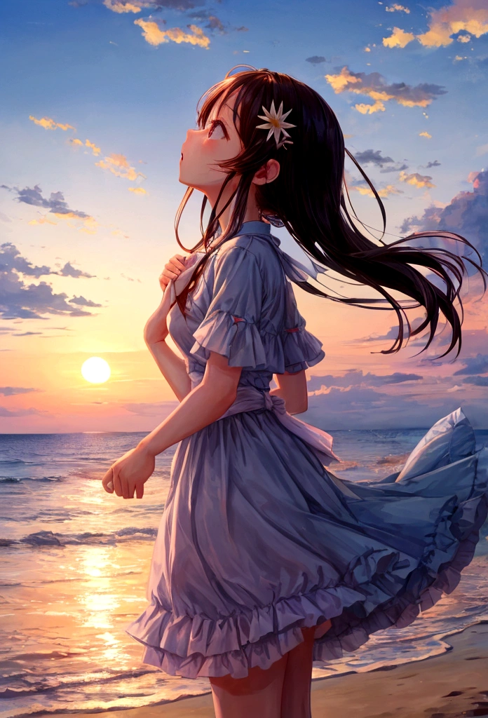 A girl singing while looking up at the blue sky。Beautiful sunset on the beach。