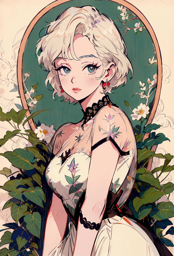 Marilyn Monroe, Anime Style, Short Hair, Platinum Blonde, She is wearing a beautiful embroidered silk dress., Elegant, Ultra-detailed botanical references, Line Designer, Digital Illustration, Maximalist Botany, beautifully、Aesthetically beautiful illustration masterpiece, Topaz AI Post Editing