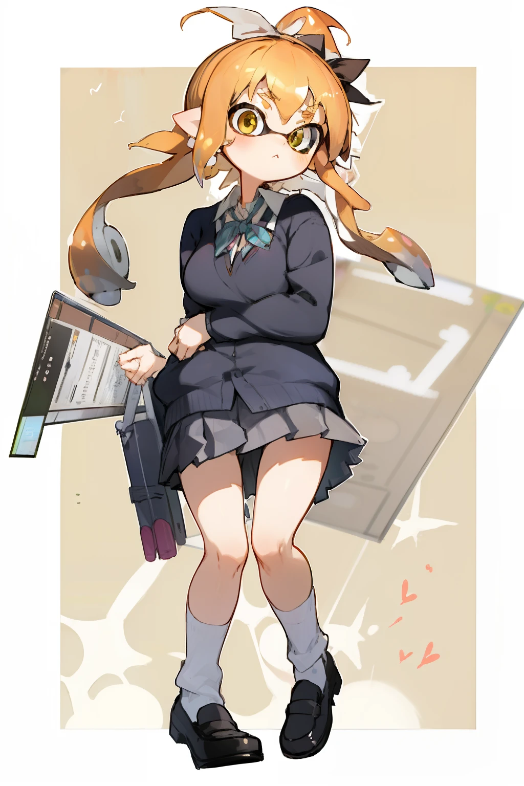 masterpiece、Highest quality、High resolution、One Splatoon girl、AS-Adult、Laughter、（Tsundere）、Golden Eyes、blush、Golden ponytail tentacle hair、shirt、Skirt、（(Huge 、Cleavage)）、Chirarizum、((Japanese high school uniform))、Seraphim、Summer clothes、（See-through bra）、Full body portrait、Real Anime、3d、school、In front of the school gate、Situational Art、