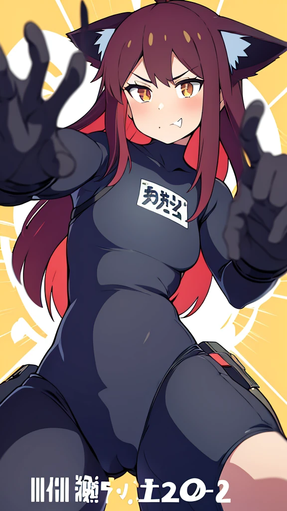 1girl ,20s,angry face,black bodysuit,(red hair),long hair,fox ears, sunny, park,peace_sign,onimai style