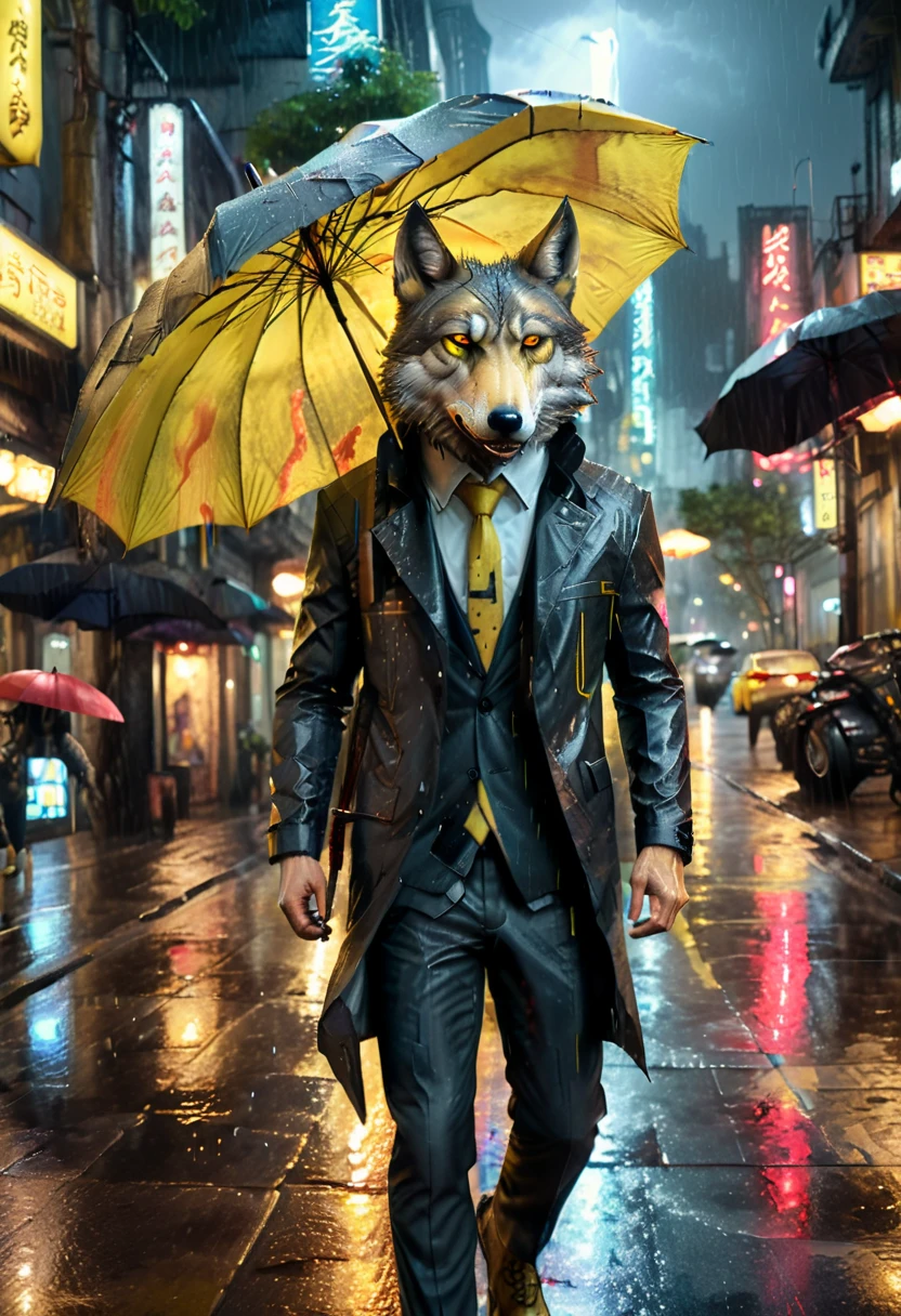 high details, best quality, 16k, RAW, [best detailed], masterpiece, best quality, (extremely detailed), full body, photorealistic, a picture of anthomprh wolf holding an umbrella in cyberpunk street at the rain at night, an epic anthomorph wolf with dynamoc color fur, red glowing eyes, howling to the moon at night, he wears an elegant suit and tie, dark pants, dynamic elegant pants, he is (holding a yellow umbrella: 1.3) , in a dark cyberpunk street at night there is a full moon, it is raining, (highest quality:1.2, Very detailed, up to date, Vibrant, Ultra-high resolution, High Contrast, masterpiece:1.2, highest quality, Best aesthetics), best details, best quality, highres, dynamic angle, 16k, [ultra detailed], masterpiece, best quality, (extremely detailed: 1.5), Intense gaze, xh, hand holding umbrella