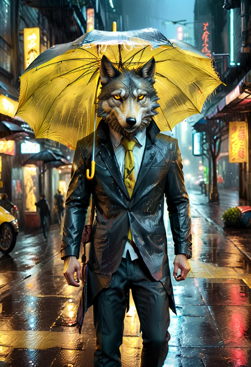 high details, best quality, 16k, RAW, [best detailed], masterpiece, best quality, (extremely detailed), full body, photorealistic, a picture of anthomprh wolf holding an umbrella in cyberpunk street at the rain at night, an epic anthomorph wolf with dynamoc color fur, red glowing eyes, howling to the moon at night, he wears an elegant suit and tie, dark pants, dynamic elegant pants, he is (holding a yellow umbrella: 1.3) , in a dark cyberpunk street at night there is a full moon, it is raining, (highest quality:1.2, Very detailed, up to date, Vibrant, Ultra-high resolution, High Contrast, masterpiece:1.2, highest quality, Best aesthetics), best details, best quality, highres, dynamic angle, 16k, [ultra detailed], masterpiece, best quality, (extremely detailed: 1.5), Intense gaze, xh, hand holding umbrella