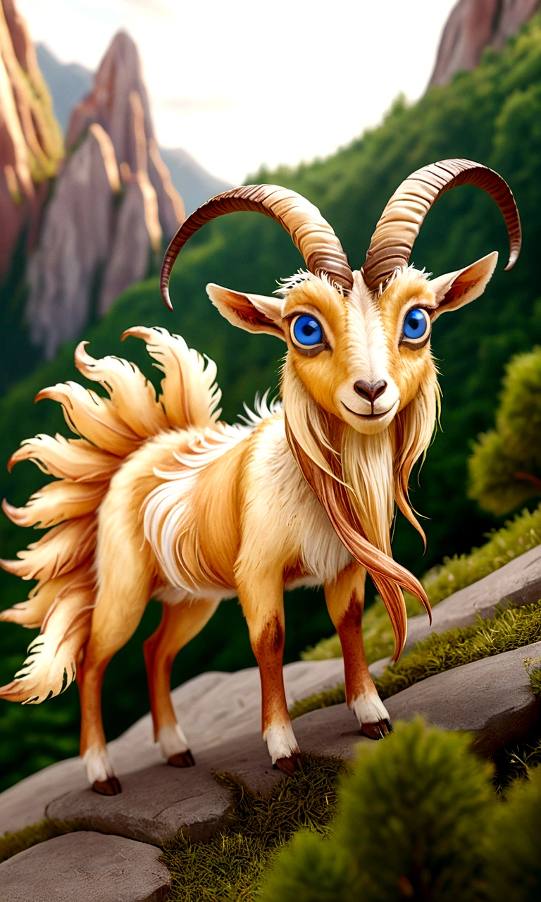 Mysterious creatures in the mountains and forests, resembling goats in appearance, with huge eyes on the back, four ears, nine long tails, side views (best quality, 4k, 8k, high-rise, masterpiece: 1.2), ultra fine, (realistic, photo realistic, photo realistic: 1.37), highly detailed animals, complex patterns, dramatic lighting, fantasy creatures