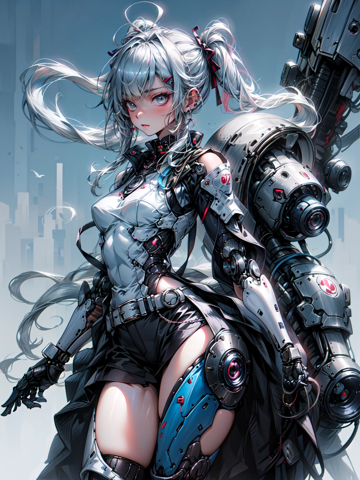 masterpiece, Confused, Highest quality, Very detailed, High resolution, (Photorealistic:1.2) , (shape), Cinema Lighting, (Detailed face:1.2), 1 Girl, (alone), (12 years old:1.2)(Glowing Skin, Shiny skin:1.2),(黒とピンクのジライfashion:1.2), (Hair Ribbon, Twin tails)、（Cowboy Shot:1.2)、corsage, jirai kei, (jirai kei fashion:1.1), Frills, skirt, Various accessories, (ear piercing), Punkish style, Japan subcultures, fashion, stockings, colorful, Organic Armor Cyborg、Machine Armor