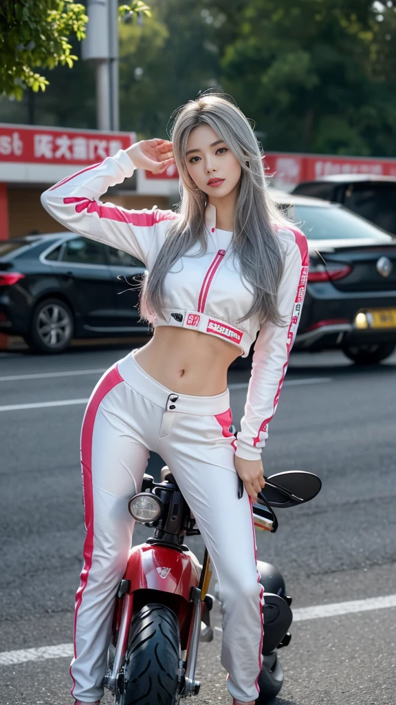 1 sister,Wearing a tight pink and white racing suit,Large target腿向你走来,Hold the handlebars of your motorcycle,(Riding a motorcycle:1.2),Umbilical cord,Just looking at the audience,midnight street,light,National Foundation,((best quality,8K,masterpiece:1.3))),concentrate:1.2,(Layered pruning,Large target:1.2),Beautiful woman,Have a perfect body:1.4,Lean abdominal muscles:1.2,Wet:1.5,Highly detailed face and skin texture,Exquisite eyes,Double eyelids,Long gray hair