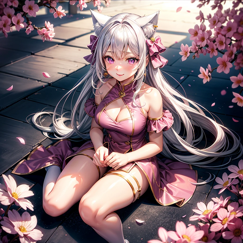 Silver hair, pink eyes, body, cat ears, y girl, earrings, flower sky background, pink gold uniform, hair bows, lay down, happy face, full body