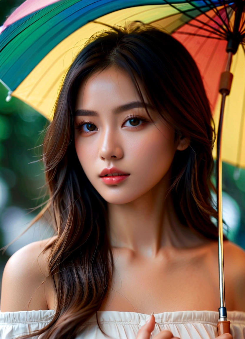 film, Portrait photography, 1 Girl, Holding an umbrella, Bare shoulders, Shoulder-Length Wavy Hair, serene, calm, (Realistic and detailed eyes, Natural skin texture, Realistic facial details), Soft dramatic lighting, Depth of Field, Bokeh, Vivid details, Meticulous attention to detail, Surrealism, 35 毫米film, Hazy, ,