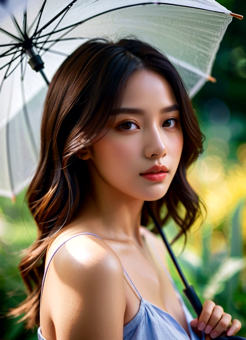 film, Portrait photography, 1 Girl, Holding an umbrella, Bare shoulders, Shoulder-Length Wavy Hair, serene, calm, (Realistic and detailed eyes, Natural skin texture, Realistic facial details), Soft dramatic lighting, Depth of Field, Bokeh, Vivid details, Meticulous attention to detail, Surrealism, 35 毫米film, Hazy, ,