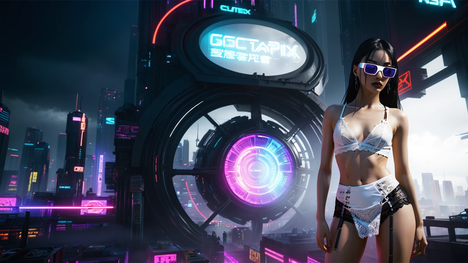 (((1woman, solo))), rainbow light, 3d neon art of a woman's body, cyberpunk femme fatale, seductive cyberpunk dark fantasy, cyberpunk 20 y. o large-breast:1.4 model girl, (((with black miniskirt and white lace panty, with matrix style black micro sunglasses, long hair))), oppai cyberpunk, banner, high definition cgsociety, cgsociety masterpiece, trending on cgstation, kda, (((((aerial view))))) image of neon-noir cyberpunk city in the background. 