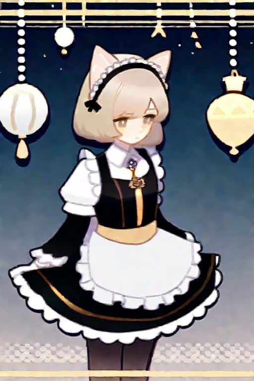 ((Лучшее качество)), ((шедевр)), (подробный), A girl with cat ears in a maid costume