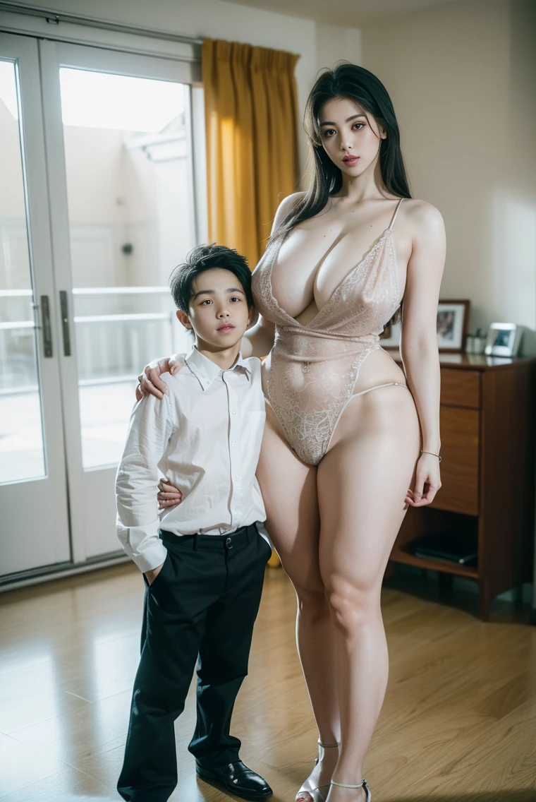 Two mature women squeezeing the middle one (small:1.2) Boy,(Mother and her high school ******* son)Mother and son like lover、((The mother is more taller than her son))、((My son is ***** boy )、((Mother is in sexy))、((in empty room))  (8k, RAW photo, best quality, masterpiece:1.2), (realistic, photo-realistic:1.37), overexposed breasts, extremely detailed fully erected 