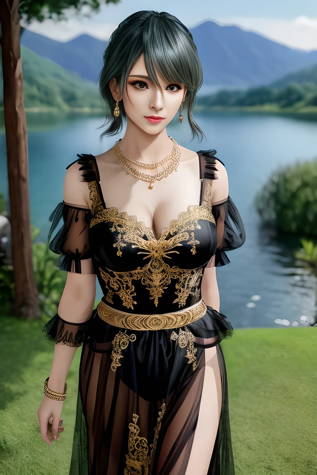 1girl,wore a black semi-transparent dress with a delicate floral pattern on the skirt. Her skirt was elegantly designed with puff sleeves and a deep V-neckline, which made her look very stylish and charming. She wore some golden accessories, including a long necklace and earrings, which added to the gorgeousness of the overall look. The background was a beautiful lake with sparkling water and green mountains and trees in the distance, showing the beauty of tranquility and nature,, beautiful detailed eyes, beautiful detailed lips, extremely detailed eyes and face, long eyelashes, best quality, 4k, 8k, highres, masterpiece, ultra-detailed, realistic, photorealistic, photo-realistic, ethereal glow, regal elegance, intricate details, luxurious, otherworldly beauty, dark atmospheric background, supernatural aura,tamaki