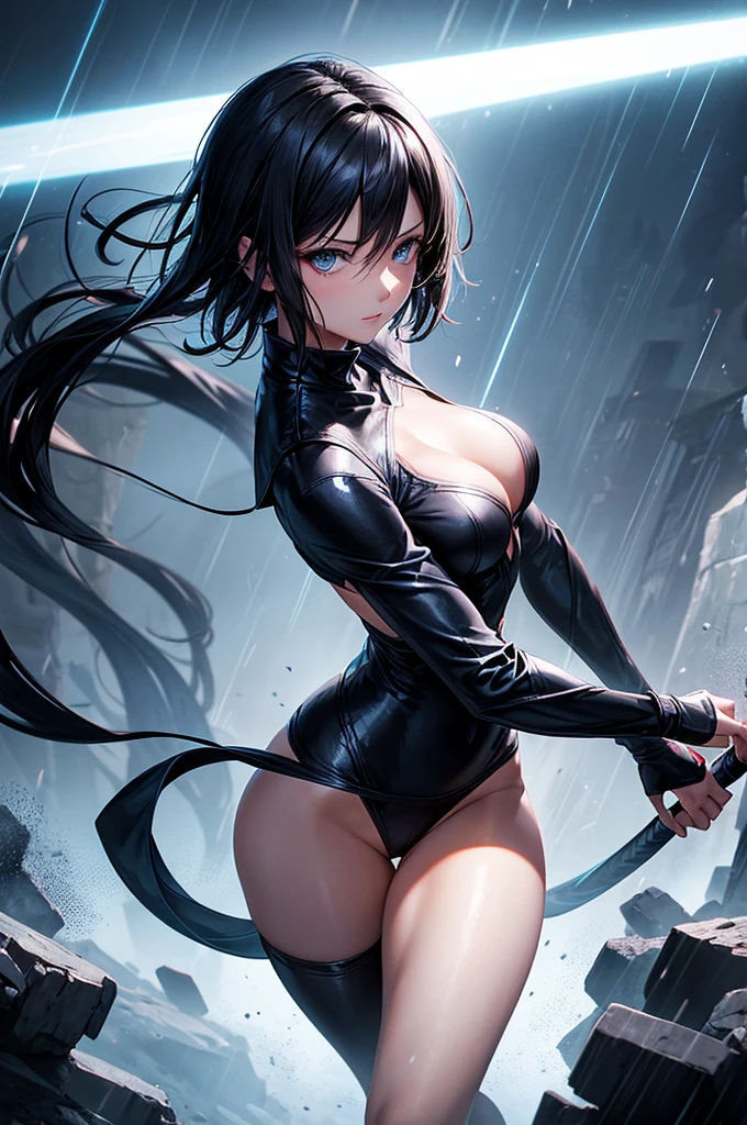 Creating an illustration of a woman in her thirties, short black hair with a back side bang, blue sky eyes, fair skin. obscured expression - she's wearing a black ninja outfit, little breasts, full sexy body - she's walking in a night town - include storm rain - digital art style