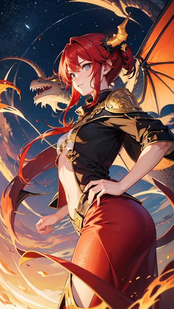  with a dragon appearance and red hair, and star details 