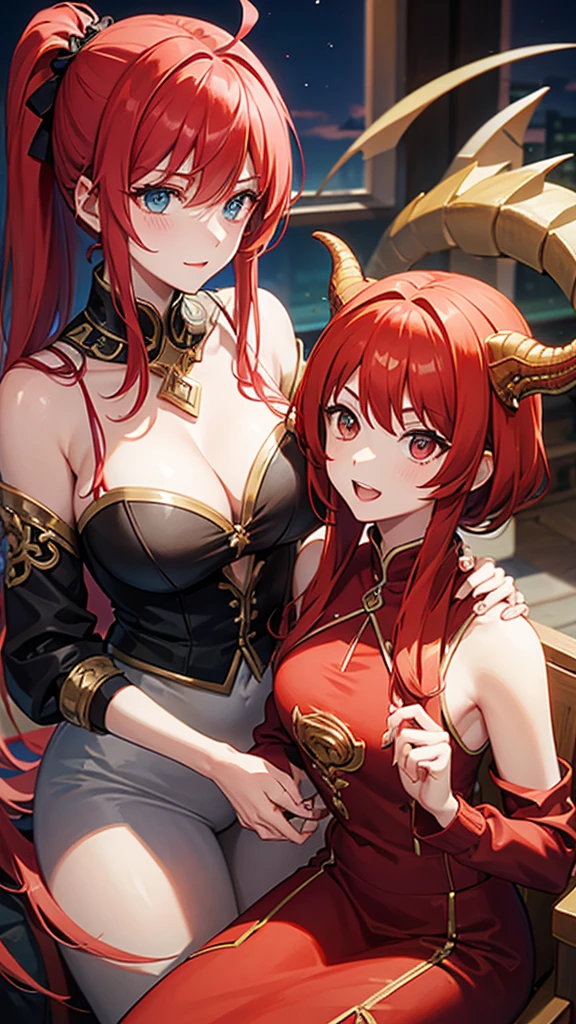  with a dragon appearance and red hair, and star details 