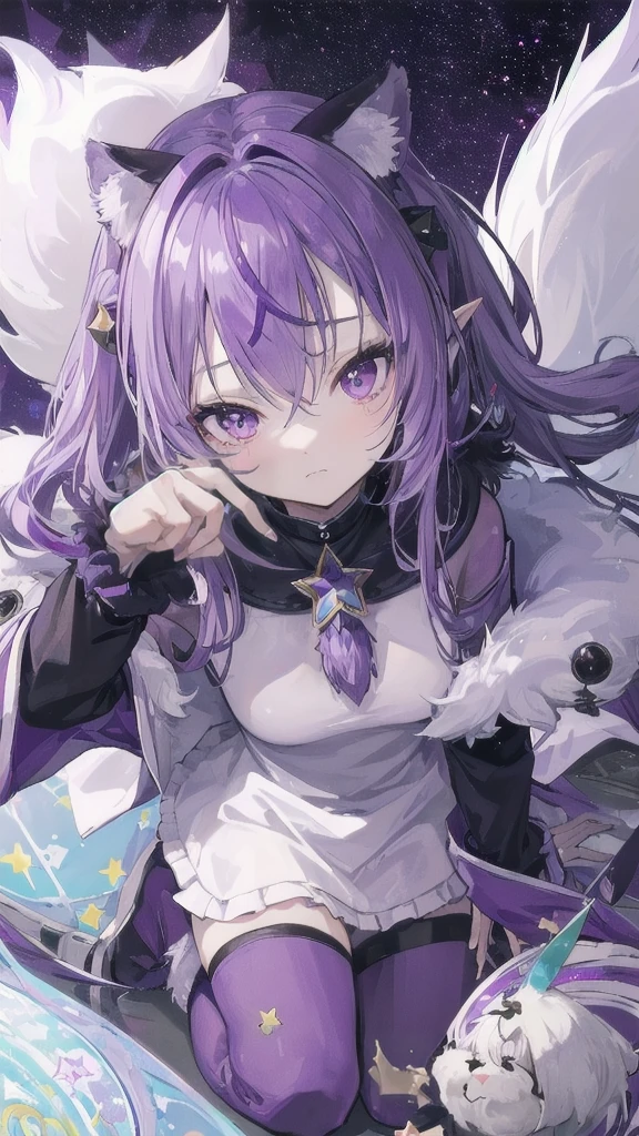 ((((masterpiece, the best quality, ultrahigh resolution)))), 1girl, Genki, hovering, (shaggy, purple-white fur, eartips:2, stars on clothing:2), piercing, golden eyes, pale skin, anywayup, quirky expression, long, tilting flagellum, outerspace background, 3E-size breasts, outstretching hand, arched eyebrows, crouching pose, no smile, (((ultra detailed ears:0.7, detailed beak:0.8)), main, smoky atmosphere, starstudded hair, mysterious, occult ceremonial necklets:2, leaning forward, portraiture-centric, aged younger:20, sitting on a (translucent,cosmic) orbeseat.heHint('chibi-feel'),Just for start-ups Similar to but not Chibi'