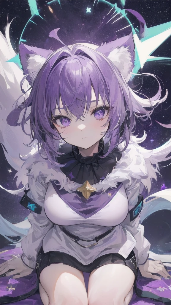 ((((masterpiece, the best quality, ultrahigh resolution)))), 1girl, Genki, hovering, (shaggy, purple-white fur, eartips:2, stars on clothing:2), piercing, golden eyes, pale skin, anywayup, quirky expression, long, tilting flagellum, outerspace background, 3E-size breasts, outstretching hand, arched eyebrows, crouching pose, no smile, (((ultra detailed ears:0.7, detailed beak:0.8)), main, smoky atmosphere, starstudded hair, mysterious, occult ceremonial necklets:2, leaning forward, portraiture-centric, aged younger:20, sitting on a (translucent,cosmic) orbeseat.heHint('chibi-feel'),Just for start-ups Similar to but not Chibi'