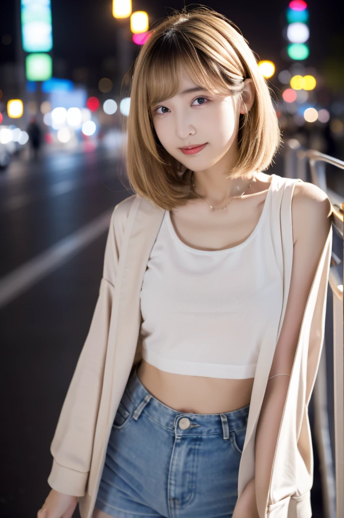 ((Highest quality)), ((masterpiece)), (Cinematic aesthetics:1.4) Bokeh city night photo of a beautiful asian fashion model,Facial features include thin eyebrows,Double eyelids of the eyes,Shortcut Wolf,hair color is blonde,Clear Skin,Smile,blush,Tight T-shirt,Shorts,Beautiful legs,sneakers,Default,whole body,Looking into the camera,Heart necklace around the neck,（Put your arms behind your head）
