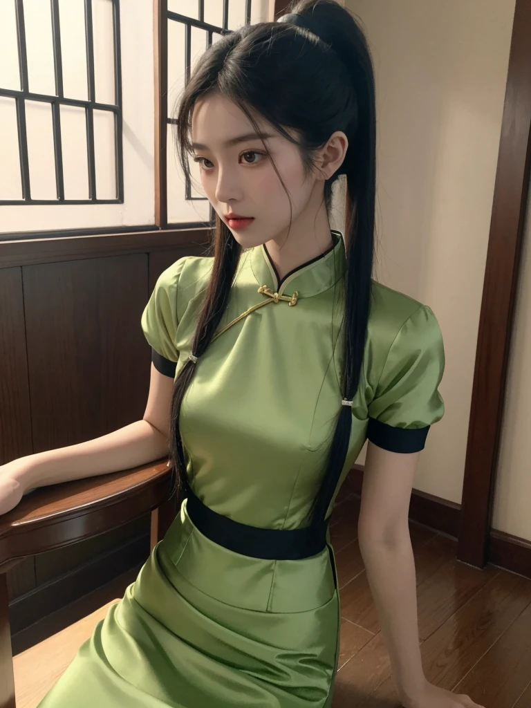 korean model , slim body , medium breasts, 167cm ,Movie Angle,long black ponytails hairstyle, (Cute girl,anatomy correct,masterpiece light green silk chinese qipao with short sleeves,( art,geomerty),(plethora of colorest quality,high detail,tmasterpiece,Cinematic lighting effects,4K,Chiaroscuro , Chinese Mansion)