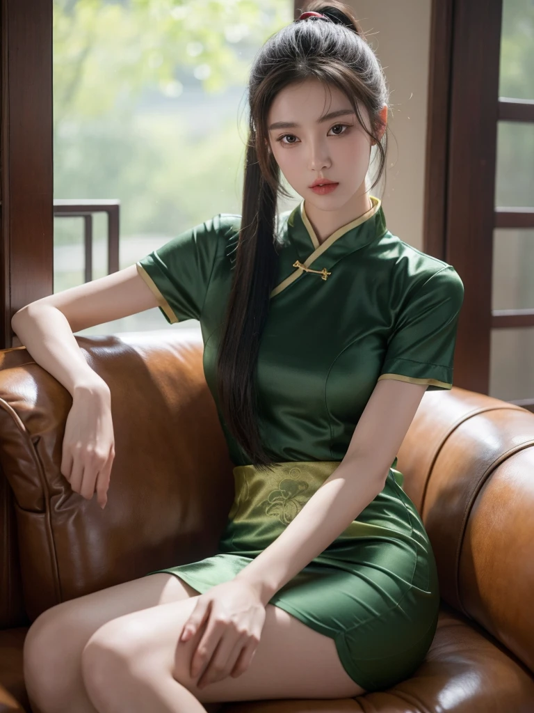 korean model , slim body , medium breasts, 167cm ,Movie Angle,long black ponytails hairstyle, (Cute girl,anatomy correct,masterpiece light green silk chinese qipao with short sleeves,( art,geomerty),(plethora of colorest quality,high detail,tmasterpiece,Cinematic lighting effects,4K,Chiaroscuro , Chinese Mansion)