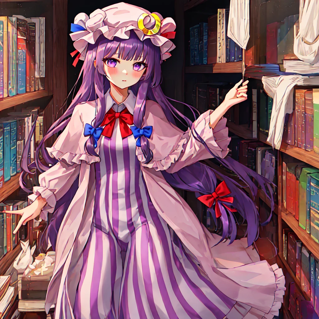 คุณภาพgoodatสุด, Masterpiece, height, alone, {patchouli_kเลขatwledge_Toho:1.15}, long_hair, purple_hair, crescent, purple_eyes, ribbon, hat, bow, smooth, pain_hat, hat_decorations, crescent_hat_decorations, hair_bow, red_bow, light blue_bow, on_body, book, red_ribbon, hatelet, hat_ribbon, streaks, a lot_long_hair, 1 girl, crescent_hair_decorations, hair_decorations, look_at_viewer, double_good, hair_good, เลขat_hat, hair_ribbon, long_sleeve, Blush, set, solo, 