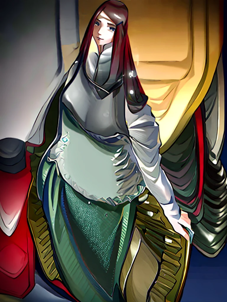 uzumaki_kushina, large_breasts, standing, solo, kushina_green_dress, masterpiece, best quality, detailed face, detailed eyes, highres, smile, (masterpiece:1.4, best quality:1.2), (Highres), (Detailed Illustration), Ultra-Detailed, konohagakure, uzumaki_kushina, kushina_green_dress, standing straight, looking in front,