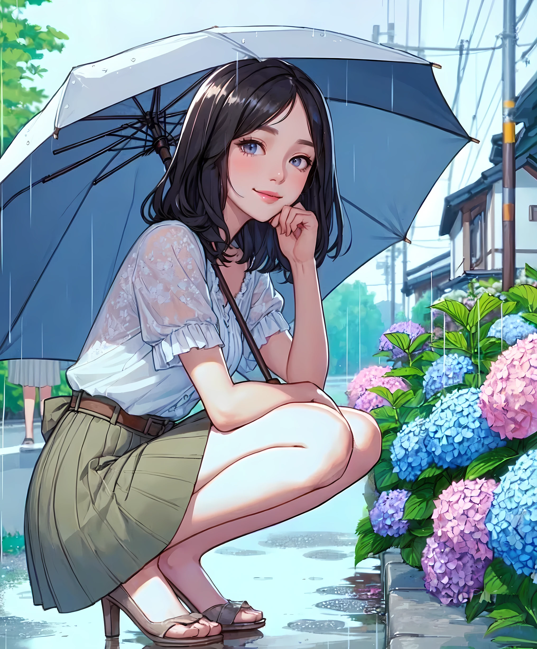 1lady solo, from side, squatting, stylish outfit (calm attire), (mature female:0.8), /(black hair/) bangs, kind smile, (masterpiece best quality:1.2) delicate illustration ultra-detailed, medium breasts BREAK (holding umbrella) BREAK (quiet residential area) outdoors, street, (rainy:1.1), ((hydrangea) blooming along roadside), cobblestone, detailed background