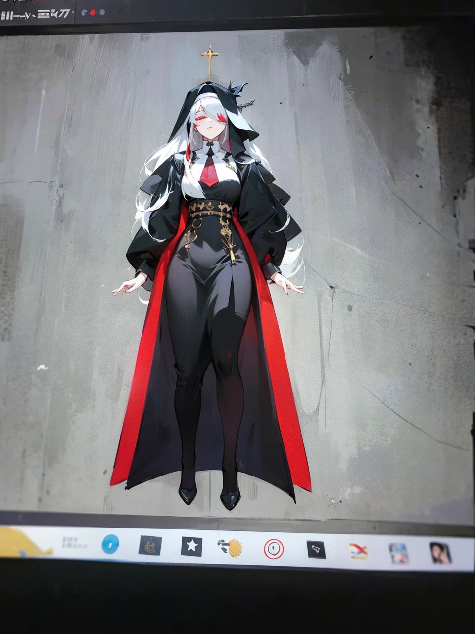 Make an anime poster, has 4 women in it, on the left side a classy dressed beauty with only the colors red and white, has an angelic presence but a demonic personality, she wears a hat on her head and a long mature gown. On the middle, a millitary general with black and white hair, and a blindfold covering her eyes. Behind her in the back, a woman faded in the background, only her eyes red Phoenix can be seen. Finally at the very right side a nun with a blindfold and a church nun fantasy black dress, holding her hands together symbolizing a prayer gesture.