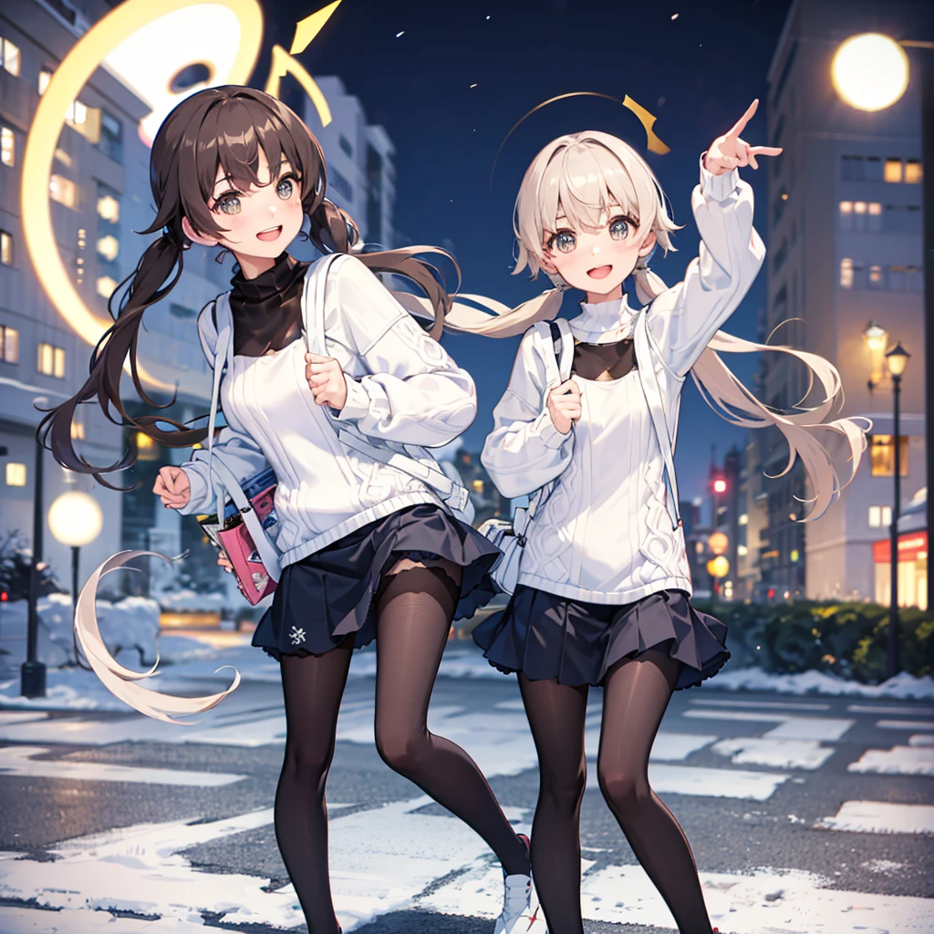 Knitted sweater,skirt,black tights,smile,Night in the city