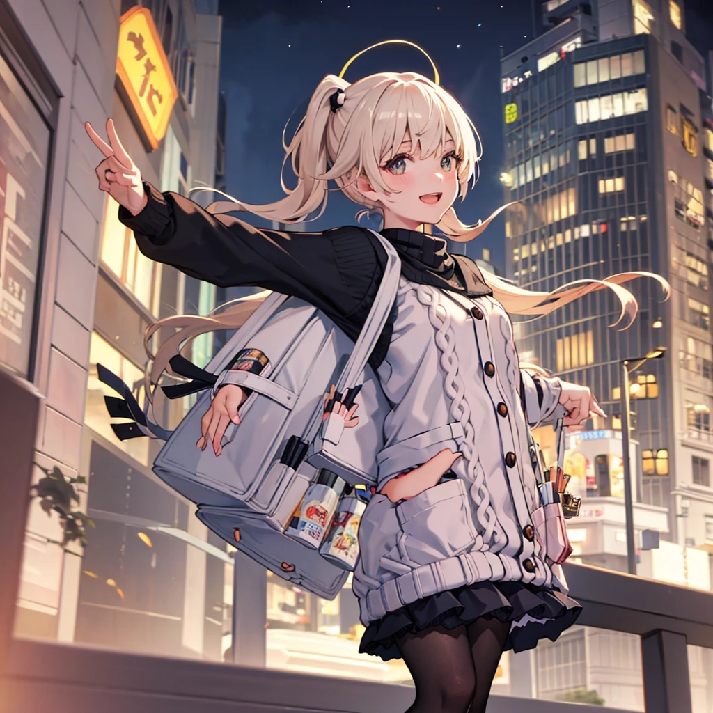 Knitted sweater,skirt,black tights,smile,Night in the city