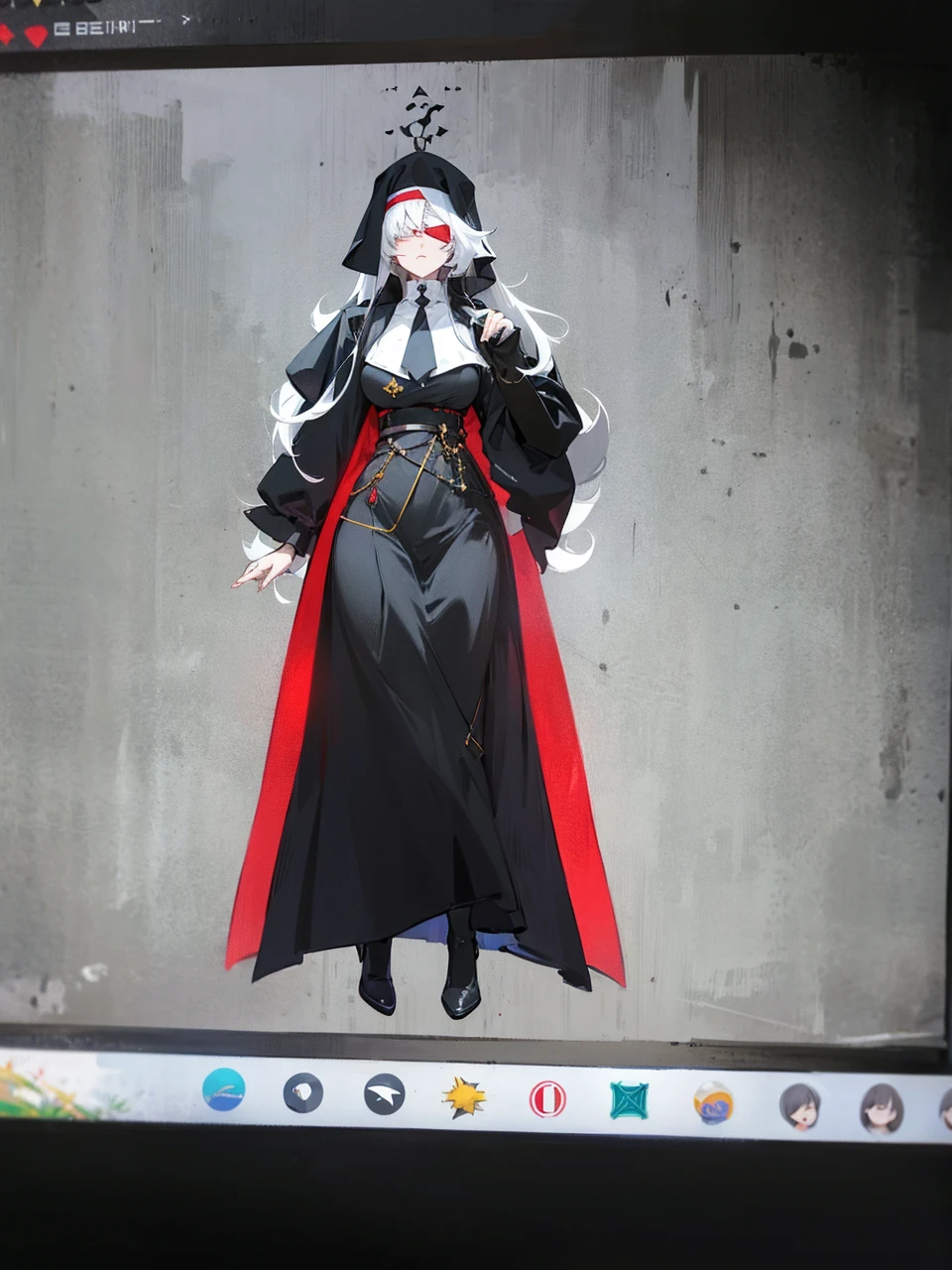 Make an anime poster, has 4 women in it, on the left side a classy dressed beauty with only the colors red and white, has an angelic presence but a demonic personality, she wears a hat on her head and a long mature gown. On the middle, a millitary general with black and white hair, and a blindfold covering her eyes. Behind her in the back, a woman faded in the background, only her eyes red Phoenix can be seen. Finally at the very right side a nun with a blindfold and a church nun fantasy black dress, holding her hands together symbolizing a prayer gesture.