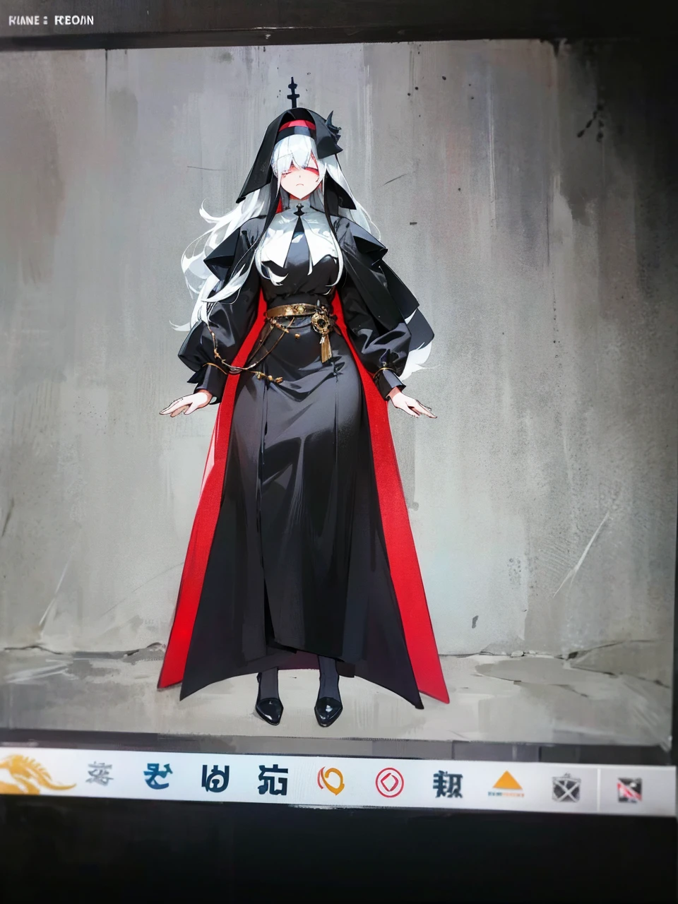 Make an anime poster, has 4 women in it, on the left side a classy dressed beauty with only the colors red and white, has an angelic presence but a demonic personality, she wears a hat on her head and a long mature gown. On the middle, a millitary general with black and white hair, and a blindfold covering her eyes. Behind her in the back, a woman faded in the background, only her eyes red Phoenix can be seen. Finally at the very right side a nun with a blindfold and a church nun fantasy black dress, holding her hands together symbolizing a prayer gesture.