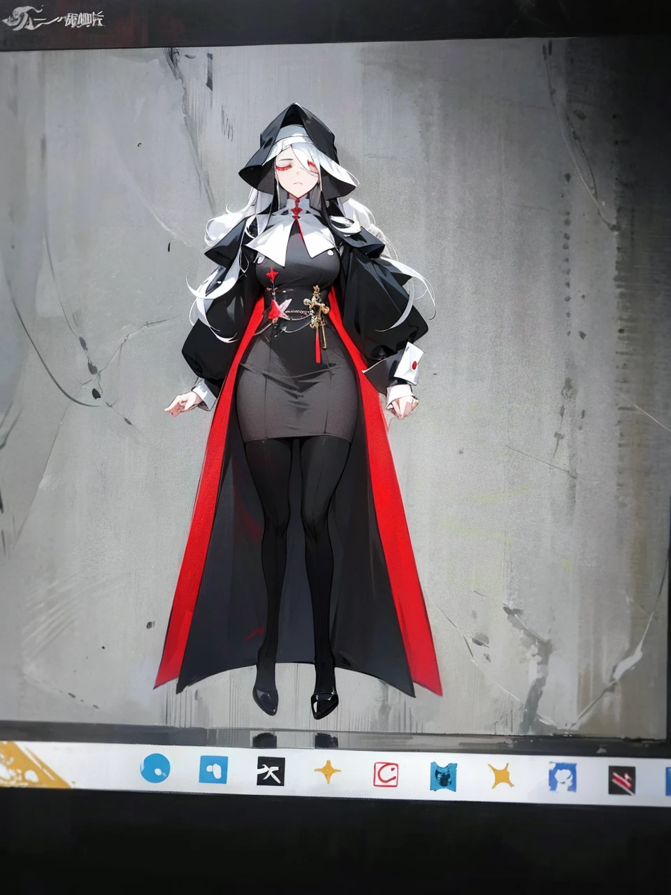 Make an anime poster, has 4 women in it, on the left side a classy dressed beauty with only the colors red and white, has an angelic presence but a demonic personality, she wears a hat on her head and a long mature gown. On the middle, a millitary general with black and white hair, and a blindfold covering her eyes. Behind her in the back, a woman faded in the background, only her eyes red Phoenix can be seen. Finally at the very right side a nun with a blindfold and a church nun fantasy black dress, holding her hands together symbolizing a prayer gesture.